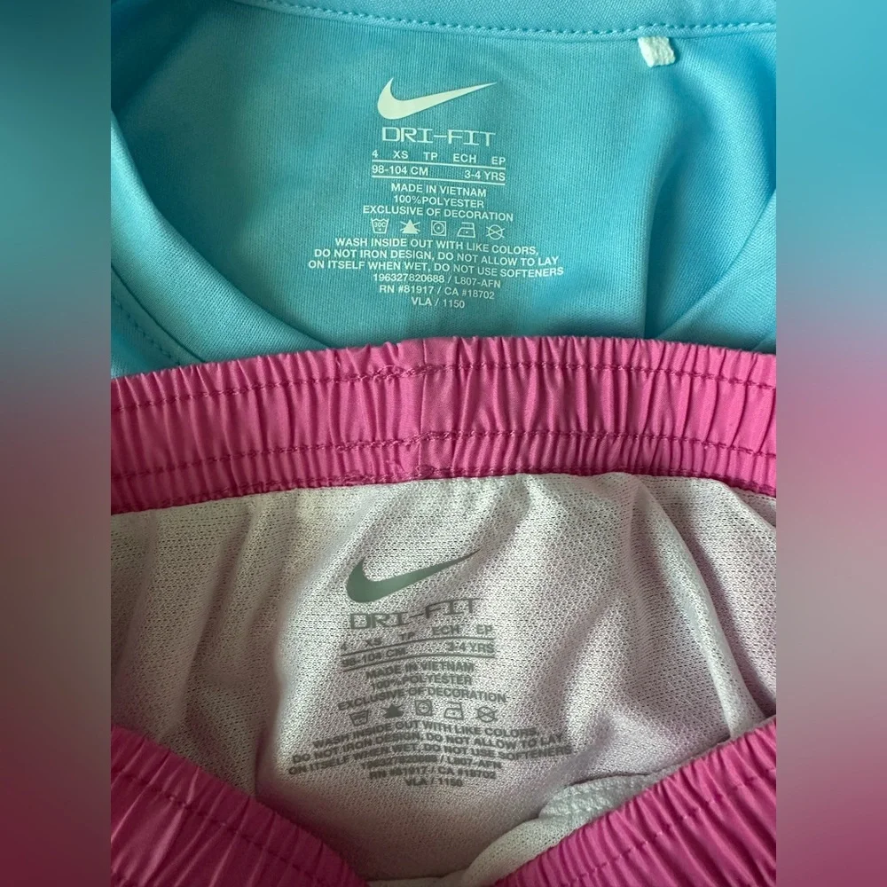 Nike Girls 2PC Dri-Fit Outfit Set Size 4 NWT Athletic Shirt Shorts Blue Pink - Picture 3 of 3